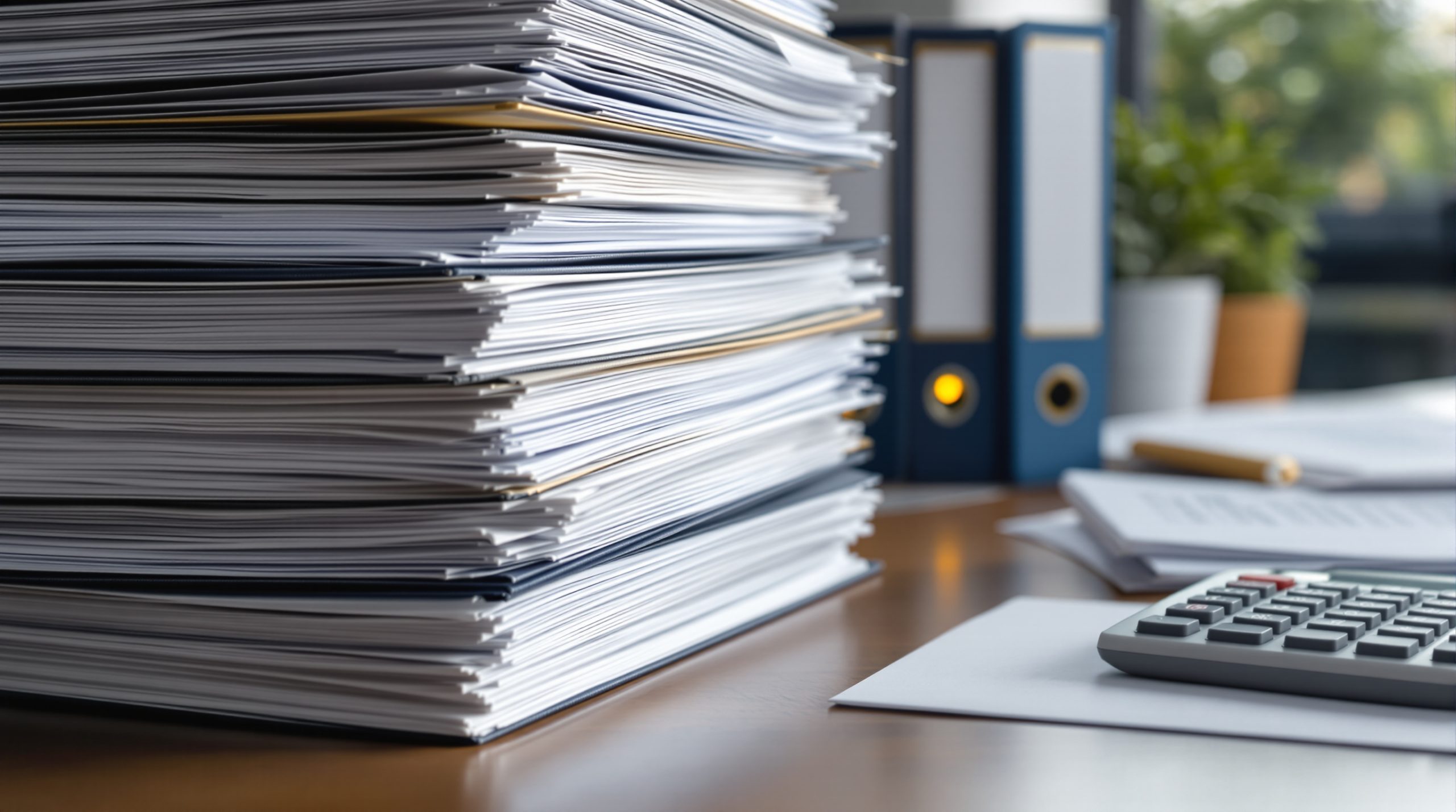 Ofis masasında düzenli dizilmiş kapalı dosya klasörleri